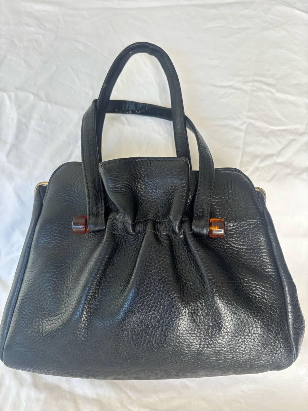 Vintage Black Leather Women's Top-Handle Handbag KISS Lock